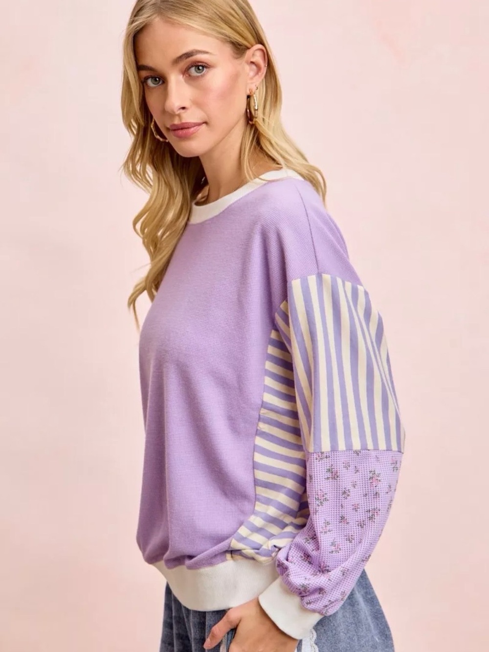 BiBi Lightweight Lavender Mixed Media  Sweatshirt - Picture 3 of 5